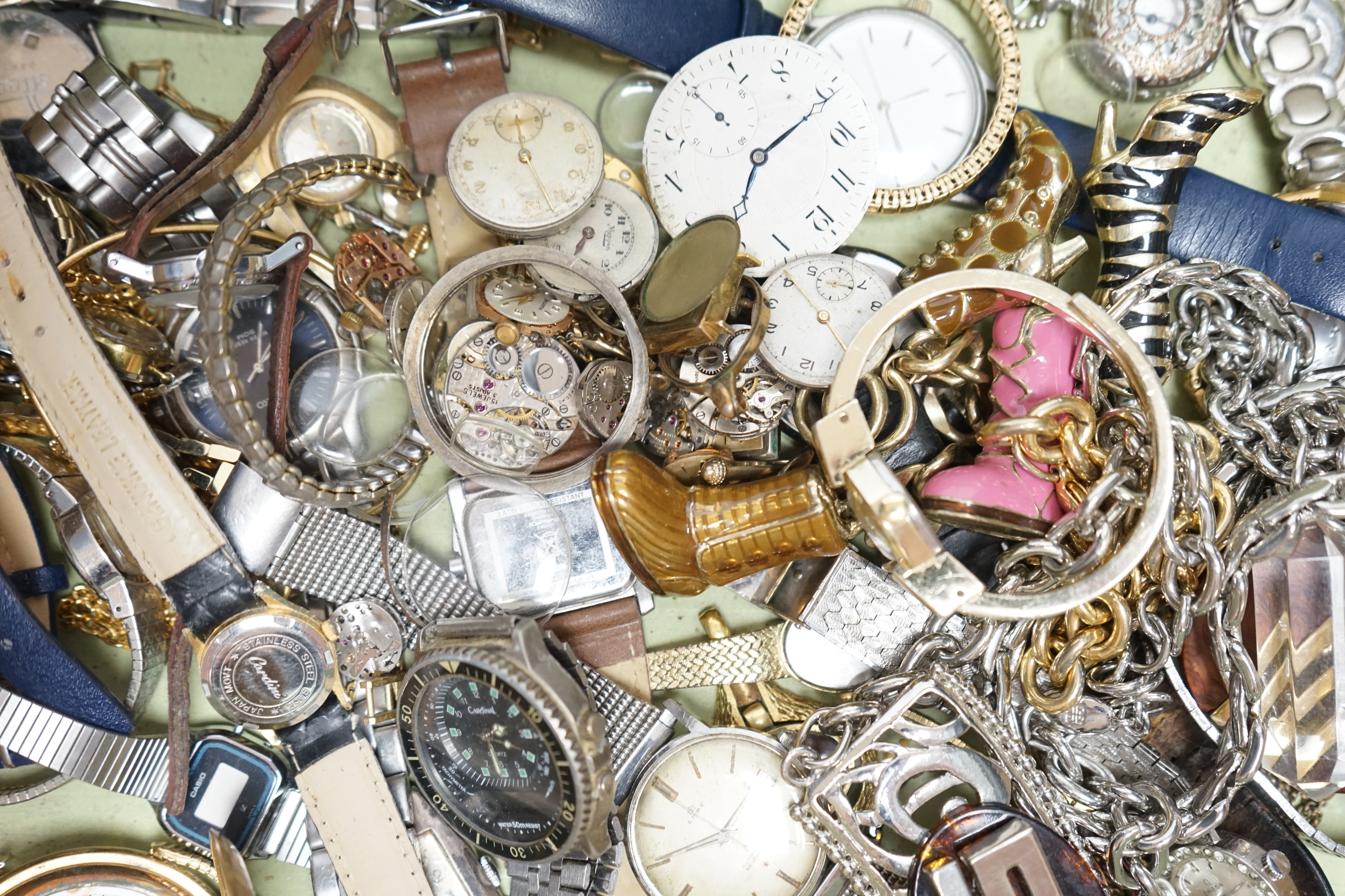 A small collection of assorted lady's and gentleman's wrist watches including Seiko, Erbe and Timex, a pocket watch and assorted costume jewellery including Givenchy. Condition - poor